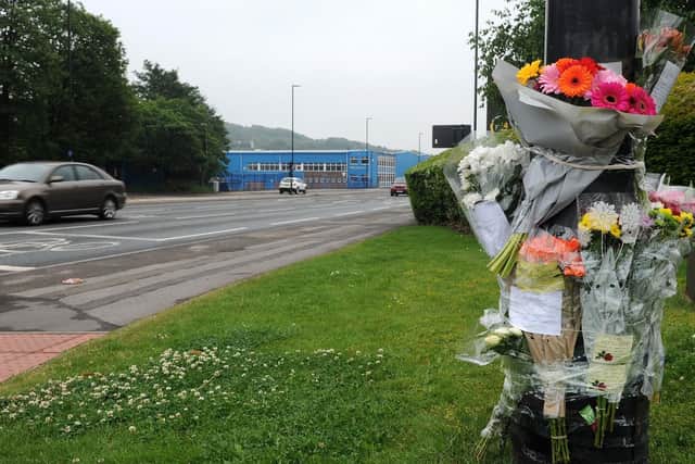 Floral tributes on Penistone Road, Hillsborough.