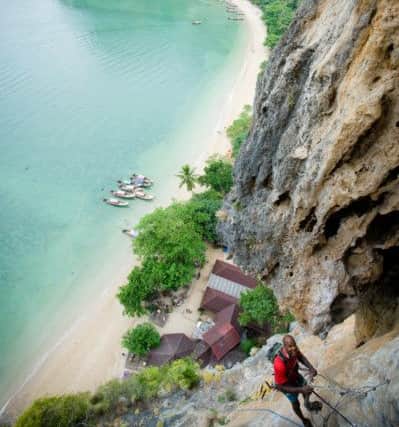 Trevor Massiah from Bristol rebolting routes in Thailand with Titan Climbing titanium bolts.