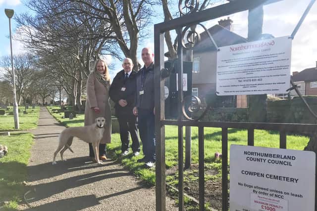 Alison Hall with dog Jess, Stephen Hall, senior animal welfare and environmental enforcement officer, and Stephen Kelly, senior cemeteries team leader.